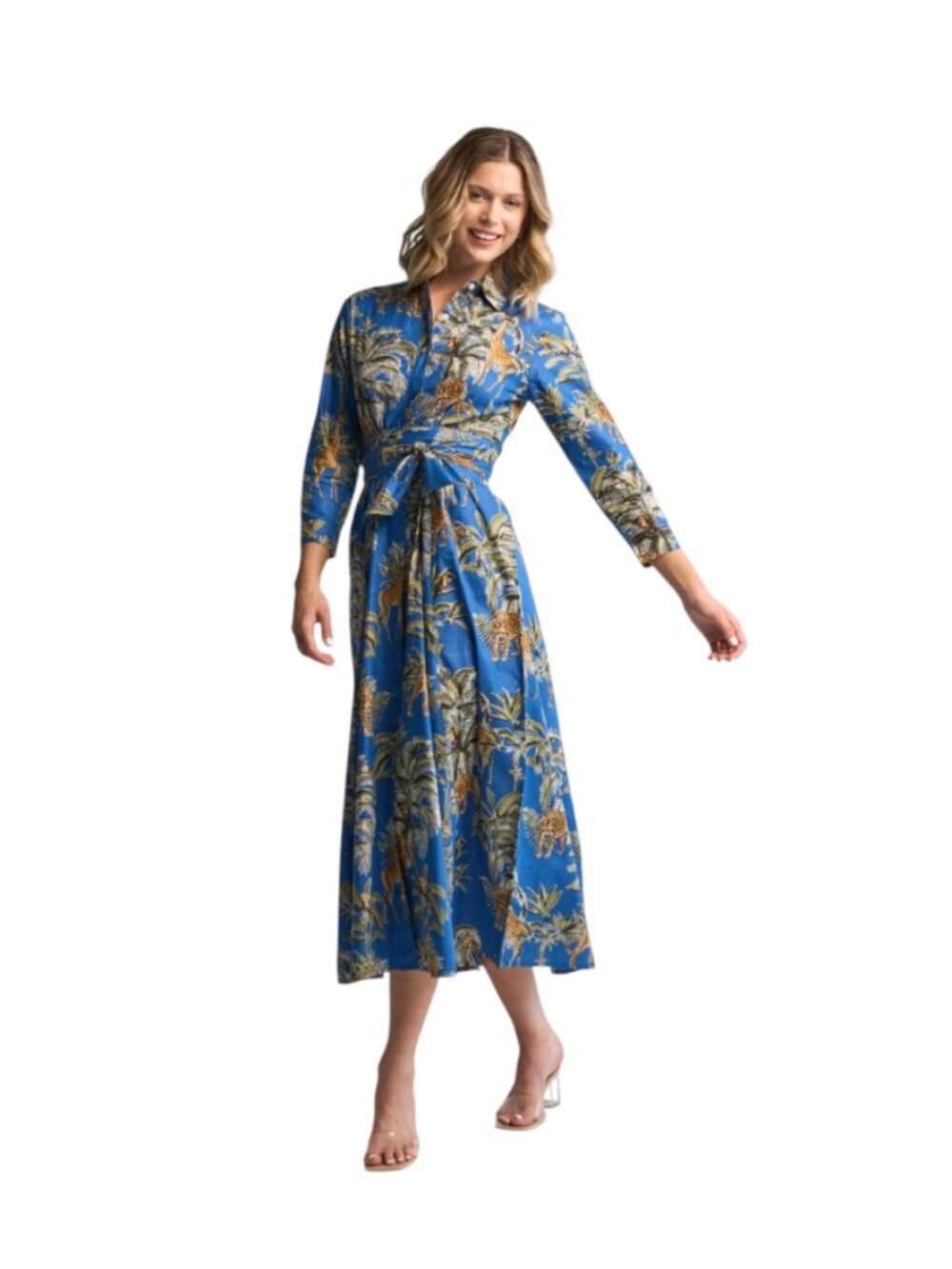 Guadalupe Monica Jungle Tiger Wrap Maxi Dress Womens Medium Blue V-Neck Cotton